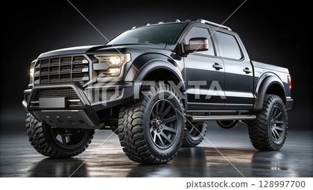 Black Truck Parked in Dark Room. Generative AI Black Truck Parked in Dark Room. Generative AI 128997700