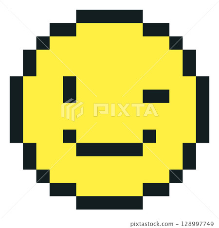 Happy winking emoji emoticon vector pixel art, yellow and black outline smile face with winks eye, cute 8bit joke avatar 128997749