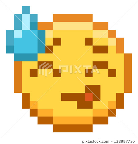 Grinning and smirking emoji emoticon vector pixel art, color 8 bit smile face with a tear, funny retro video game avatar 128997750