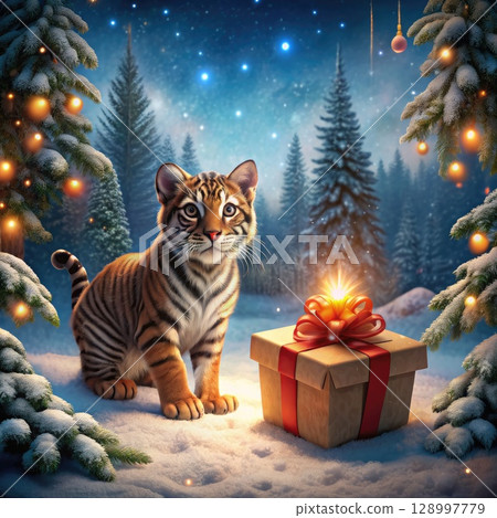 Cat Sitting Beside Christmas Present. Generative AI 128997779