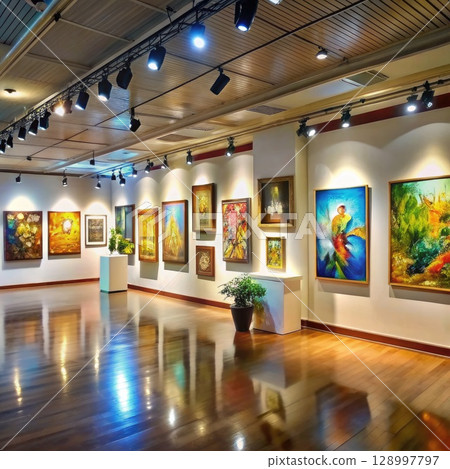 Abundant Paintings and Lights in a Room. Generative AI 128997797