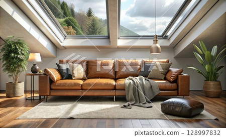 Cozy Living Room With Skylight. Generative AI 128997832