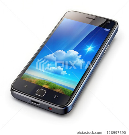 Black Cell Phone With Sky Background. Generative AI Black Cell Phone With Sky Background. Generative AI 128997890