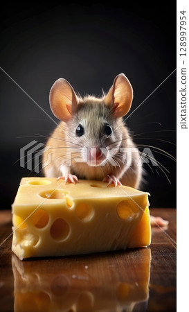 Mouse Sitting on Top of a Piece of Cheese. Generative AI Mouse Sitting on Top of a Piece of Cheese. Generative AI 128997954