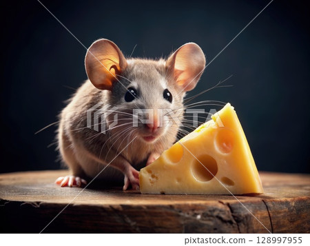 Mouse Eating Piece of Cheese on Table. Generative AI 128997955