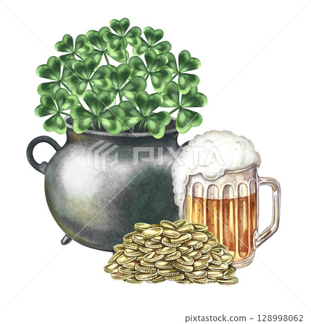 Cast iron pot with a shamrock, a pile of coins, and a mug of beer for St. Patrick s Day. Hand-drawn watercolor illustration. For greeting cards, banners and flyers, packaging, invitations. 128998062