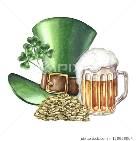 A leprechaun's cylinder, a beer mug, and a pile of coins. Hand-drawn watercolor illustration. Conceptual design for St. Patrick's Day. For greeting cards, banners and flyers, and festive decor. A leprechaun's cylinder, a beer mug, and a pile of coins. Hand-drawn watercolor illustration. Conceptual design for St. Patrick's Day. For greeting cards, banners and flyers, and festive decor. 128998064