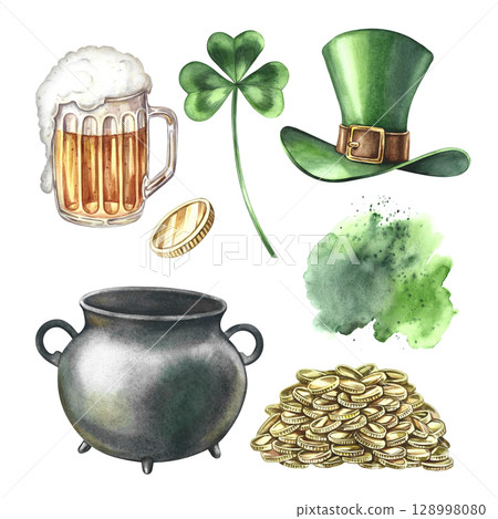 Set of St. Patrick's Day pictures. Hand-drawn watercolor illustrations. Leprechaun hat, cauldron, coins, clover, and beer mug. For greeting cards, banners and flyers, packaging, and festive decor. Set of St. Patrick's Day pictures. Hand-drawn watercolor illustrations. Leprechaun hat, cauldron, coins, clover, and beer mug. For greeting cards, banners and flyers, packaging, and festive decor. 128998080