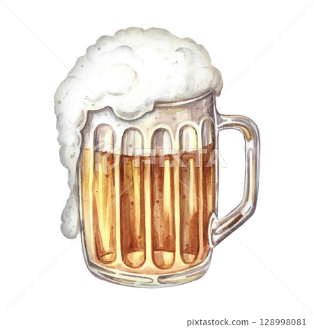 Beer glass mug with beer and foam. Hand-drawn watercolor illustration. Design element highlighted on a white background. For menus, pubs or restaurants, labels or posters. Beer glass mug with beer and foam. Hand-drawn watercolor illustration. Design element highlighted on a white background. For menus, pubs or restaurants, labels or posters. 128998081