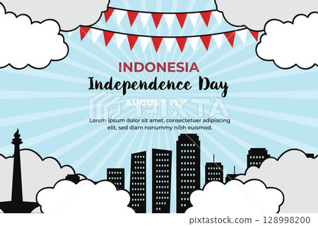 Flat Horizontal Banner Template for Indonesia Independence Day Celebration. Vector illustration. Flat Horizontal Banner Template for Indonesia Independence Day Celebration. Vector illustration. 128998200