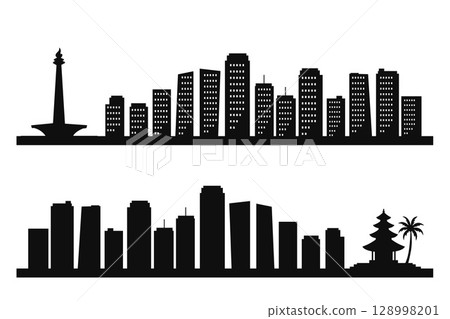 Indonesian Iconic City Skyline Silhouettes with Monas and Temple. Vector illustration. 128998201