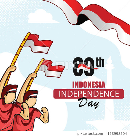 Indonesia Independence Day celebration, depicting stylized people holding waving flags, a large flag banner, and the National Monument background. Indonesia Independence Day celebration, depicting stylized people holding waving flags, a large flag banner, and the National Monument background. 128998204