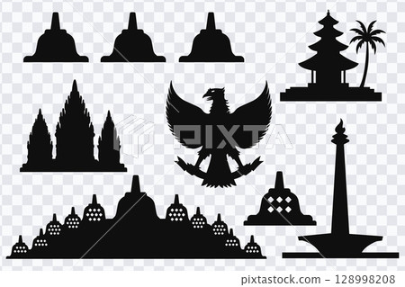 Indonesian Iconic Landmark Silhouettes Collection. 128998208