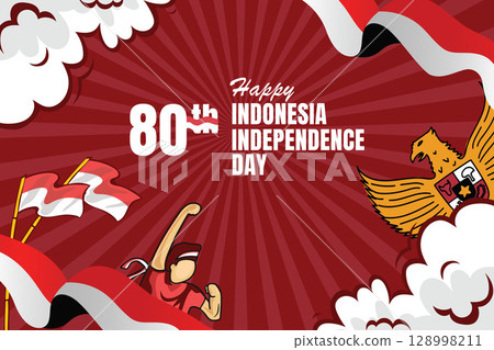 Indonesia Independence Day Banner with Sunburst, Garuda, and Flags on cartoon style. Vector illustration. Indonesia Independence Day Banner with Sunburst, Garuda, and Flags on cartoon style. Vector illustration. 128998211