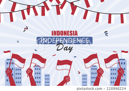 Flat Indonesia Independence Day Celebration with Monas and Cityscape. Vector illustration Flat Indonesia Independence Day Celebration with Monas and Cityscape. Vector illustration 128998224