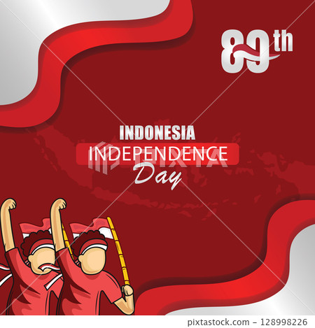 Indonesia Independence Day Banner with Hand Drawn People and Flags Greetings Illustration. 128998226