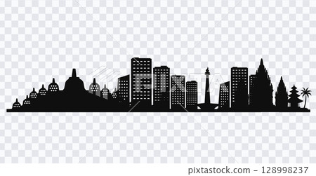 Indonesia Landmark Iconic Silhouette Buildings, Monas, and Temple Set. 128998237