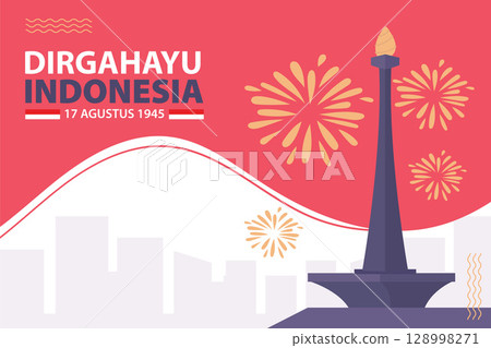 Dirgahayu Republik Indonesia Independence Day, featuring a cityscape, Monas monument, festive fireworks, and red and white colors. 128998271