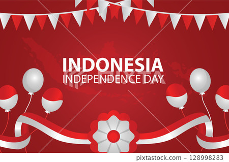 Indonesia Independence Day Vector Illustration on 17 August with Indonesian Flag Raising the Red and White in Flat Cartoon Templates 128998283