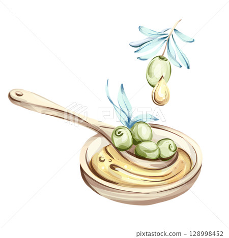 Delightful watercolor illustration of olives and olive oil capturing the essence of Italian cuisine and nature Delightful watercolor illustration of olives and olive oil capturing the essence of Italian cuisine and nature 128998452