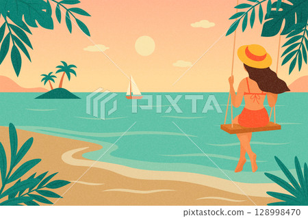 Hello Summer. Tropical Beach Sunset Vector Illustration. Tropical Landscape with Woman on Swing. Tropical Island with Palm Trees, Sea, Sailboat. Summer Holiday Design, Paradise Beach Illustration 128998470