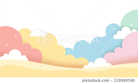 A cute background illustration with pastel clouds and sand dunes 128998590
