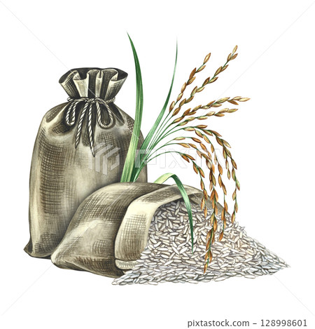 Closed and open burlap bags for rice with a rice spike next to them. Hand-drawn watercolor illustration. Element of menu design, recipes, and cookbooks. For banners, flyers, packaging, labels and more 128998601