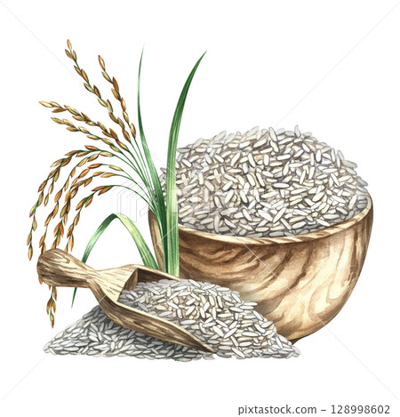 Wooden dishes with rice and rice stalks. Hand-drawn watercolor illustration. Used for menu design, recipes, and cookbooks. Used for banners, flyers, packaging, labels, and more. Wooden dishes with rice and rice stalks. Hand-drawn watercolor illustration. Used for menu design, recipes, and cookbooks. Used for banners, flyers, packaging, labels, and more. 128998602