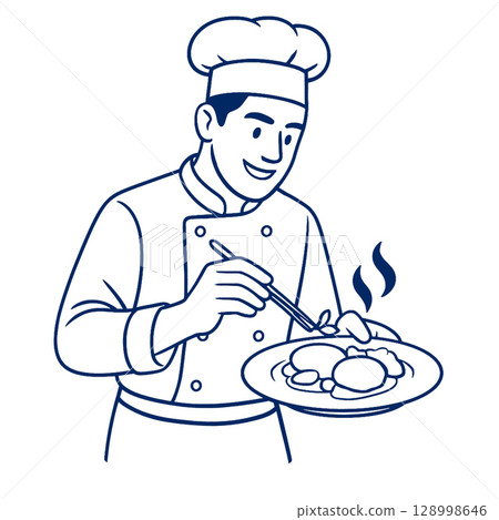 Chef preparing food with chopsticks, showcasing culinary skills and passion.line art illustration 128998646