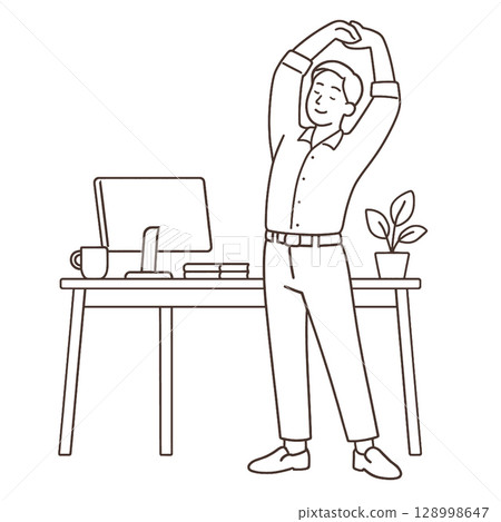 Office worker stretching at desk, promoting wellness and productivity.line art illustration 128998647