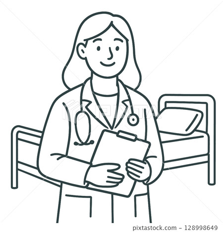 Healthcare professional holding clipboard in hospital settingline art illustration 128998649