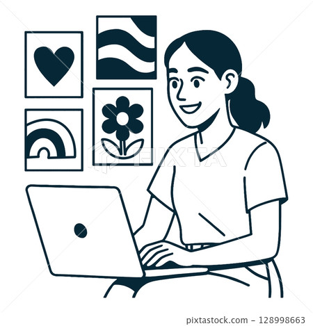 Woman working on laptop, surrounded by colorful artwork, smiles happily.line art illustration 128998663