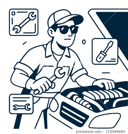 Car mechanic working on vehicleline art illustration 128998664