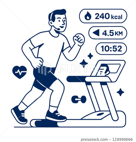 Running on treadmill, tracking calories and distance, healthy lifestyle.line art illustration 128998666