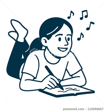 Happy girl writing in notebook while listening to musicline art illustration 128998667