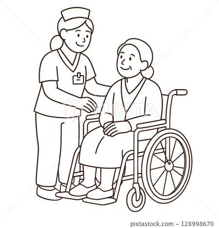 Caring nurse assisting elderly woman wheelchair, conveying warmthline art illustration 128998670