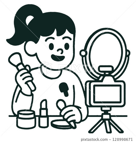 Cheerful person applying makeup in front of mirrorline art illustration 128998671
