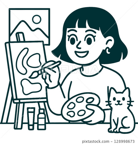 Creative artist painting on canvas with palette and cat nearbyline art illustration 128998673