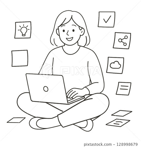 Person sitting cross legged with laptop, surrounded by notes and iconsline art illustration 128998679