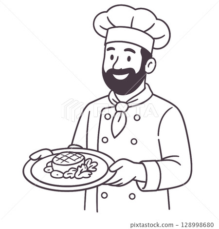 Chef presenting delicious dish with smile, showcasing culinary skills.line art illustration 128998680