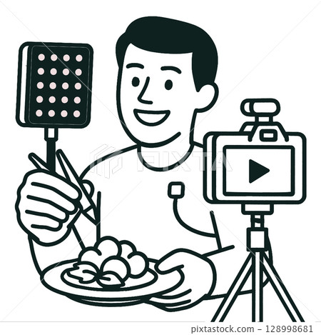 Person holding plate of food, filming with camera, bright lightline art illustration 128998681