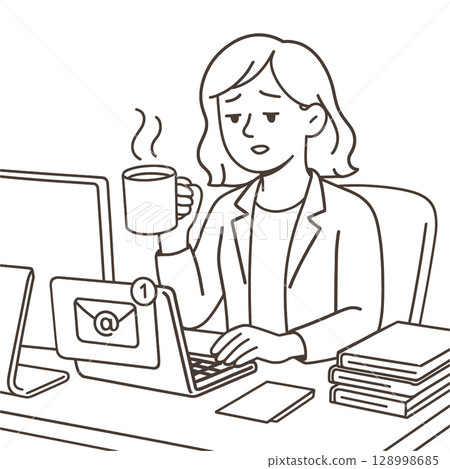 Busy professional woman working at desk, holding coffee cupline art illustration 128998685