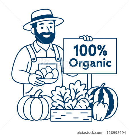 Farmer holding sign that says 100% Organic with fresh produceline art illustration Farmer holding sign that says 100% Organic with fresh produceline art illustration 128998694
