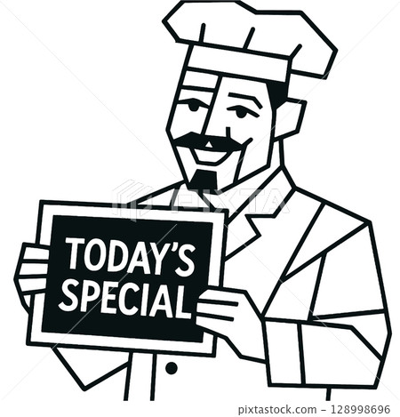 Chef holding today special sign in simple black and white design.line art illustration 128998696
