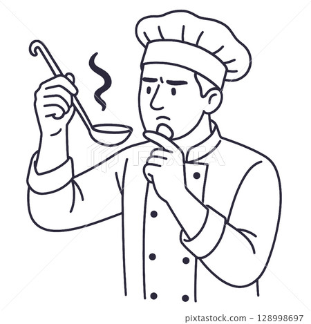 Chef tasting food with thoughtful expression, holding ladleline art illustration 128998697