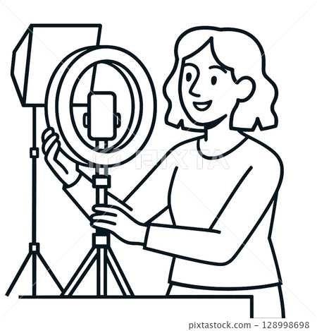 Creating content for photo of person using ring lightA person is setting upline art illustration 128998698