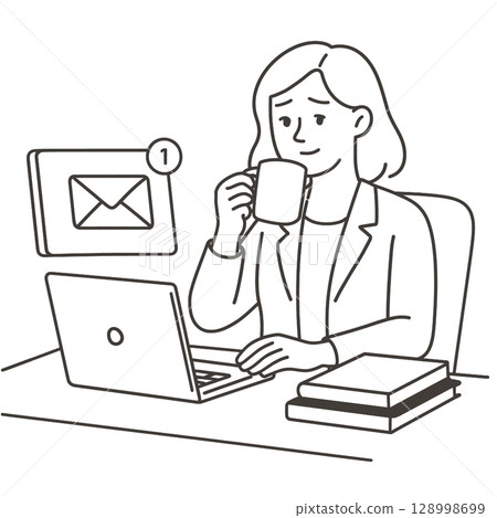 Working professional enjoying coffee while checking email on laptopline art illustration 128998699