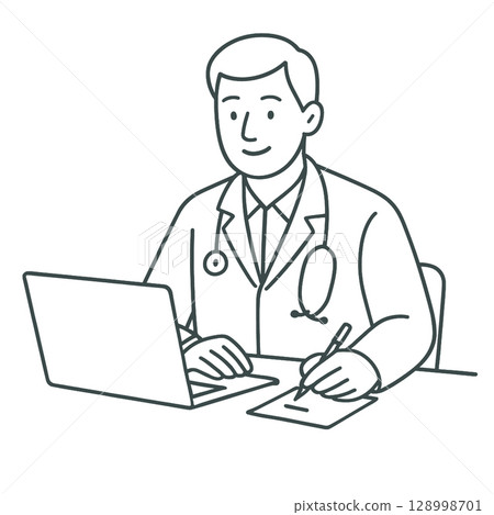 Doctor working laptop, taking notes with pen, conveying professionalismline art illustration 128998701