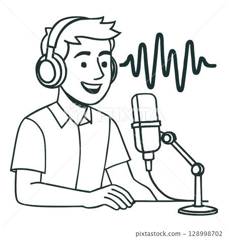Illustration of person with headphones speaking into microphoneline art illustration 128998702