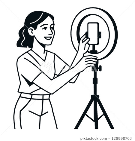 Person adjusting smartphone on ring light for photographyline art illustration Person adjusting smartphone on ring light for photographyline art illustration 128998703